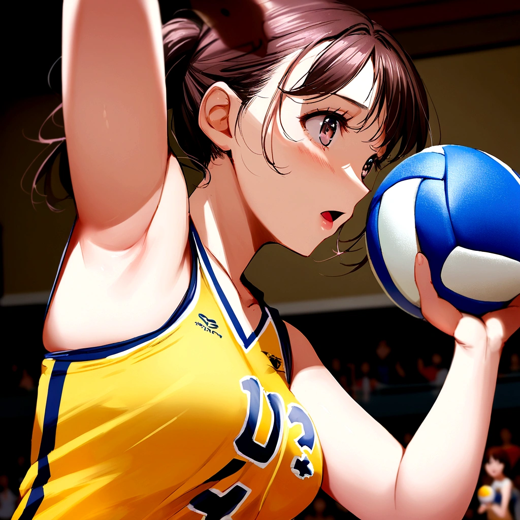 there is a woman holding a volleyball ball in her hand, wearing a volleyball jersey, mayuri shiina, For whom?, Chiho, realistic Young Gravure Idol, kimi takemura, Young Gravure Idol, mao hamaguchi, volleyball,