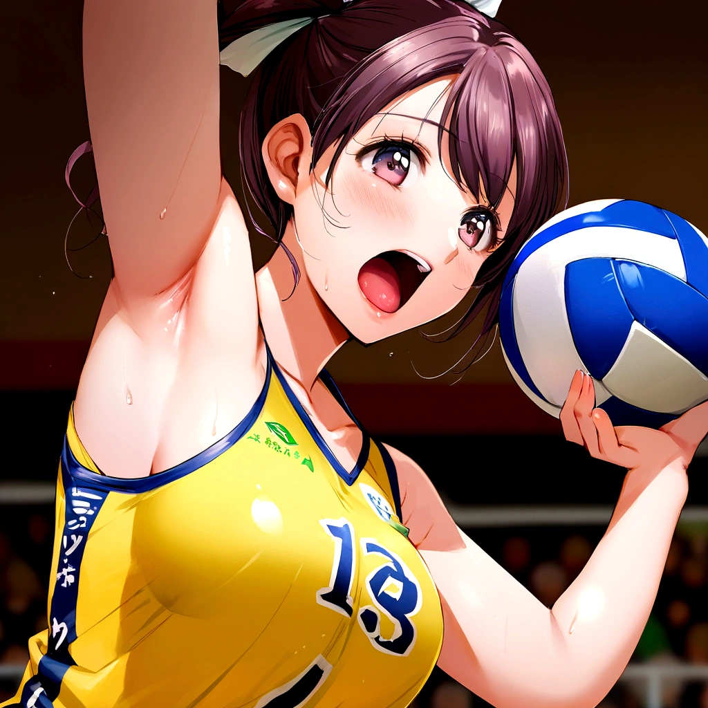 there is a woman holding a volleyball ball in her hand, wearing a volleyball jersey, mayuri shiina, For whom?, Chiho, realistic Young Gravure Idol, kimi takemura, Young Gravure Idol, mao hamaguchi, volleyball,