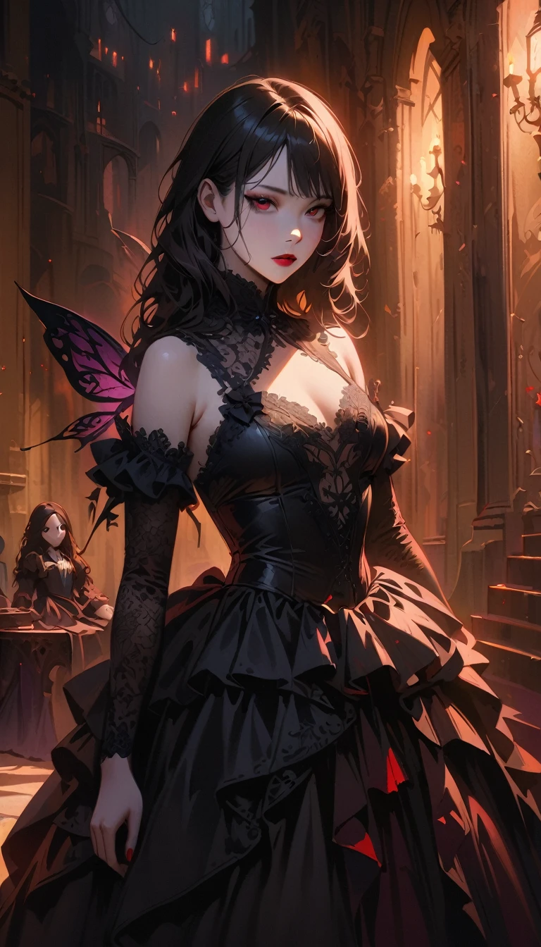 a gothic lolita girl,pale skin,red lips,porcelain doll-like face,intricate black lace Evening Dress,(whole body),Exquisite shoes,Black stockings,ruffles,Bow,high collar,long black hair,haunting gaze,dark fairy tale,dramatic lighting,moody atmosphere,cinematic,highly detailed,masterpiece,photorealistic