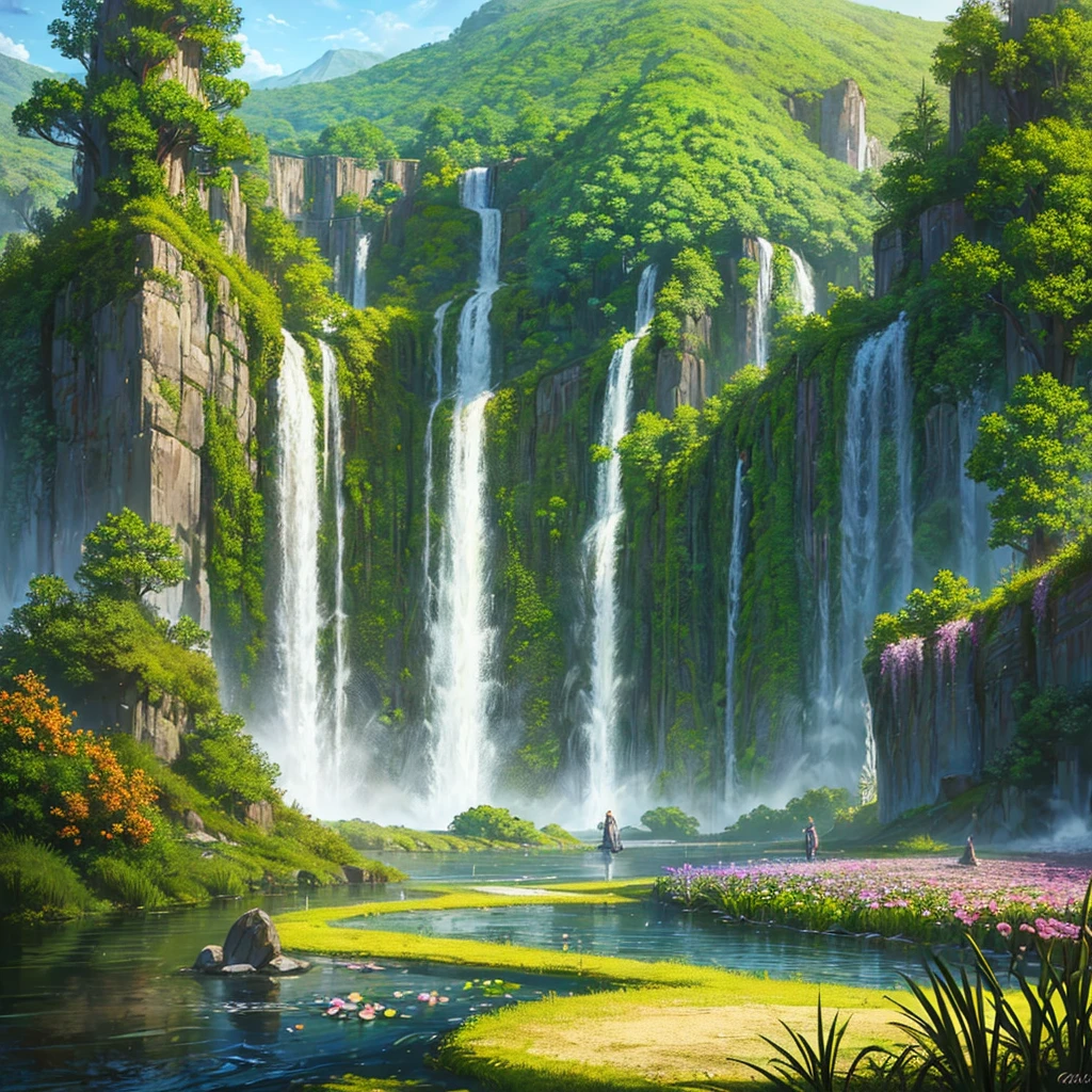 ((Masterpiece)),((best quality)),Ultra detailed, landscape, fantasy, waterfall, flowers.