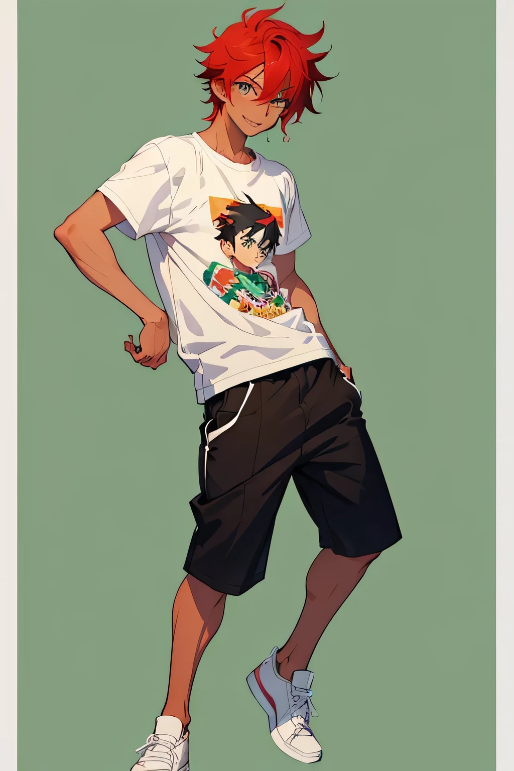 1 boy, anime style photo of suhuu suhas, anime boy with red hair, tanned skin, green eyes, slick back hair, smile expression, doodle background,white t shirt, black shorts, white shoes, full body shot, messy hair