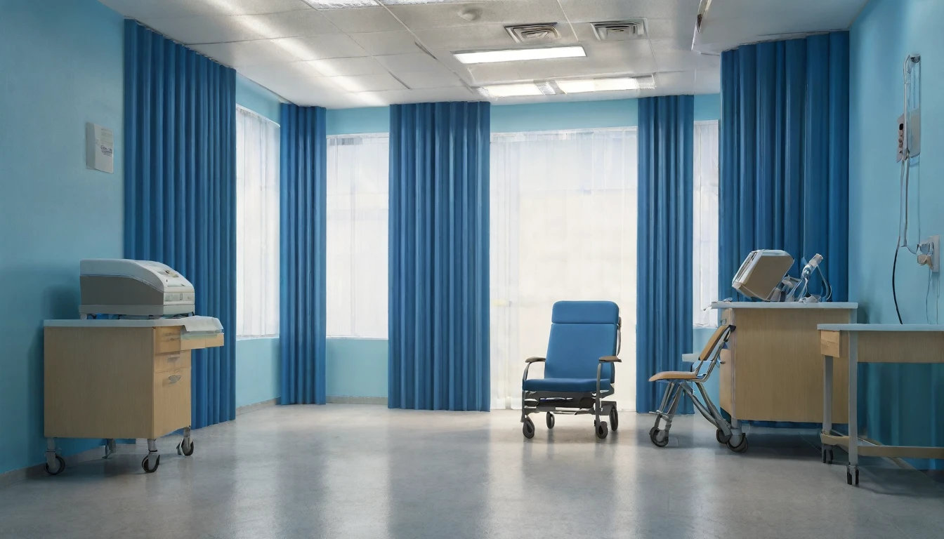 background image,blue curtains,hospital,examination room,blue walls,clean,chair
