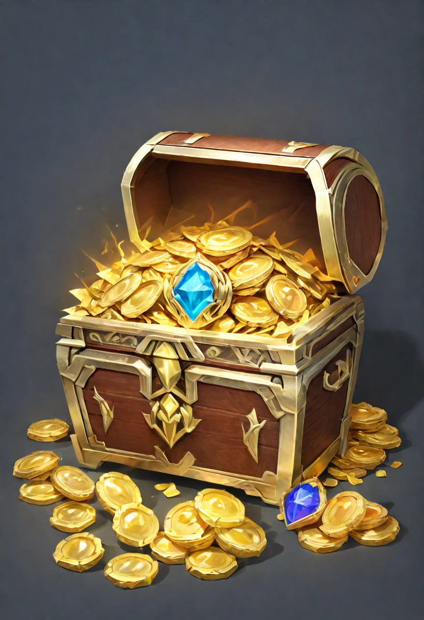 Gorgeous chests，Bronze treasure chest with dragon head，Metallic luster，，Treasure，treasure，A pile of gold coins，Exquisite gemstones，Game Icon，Realism，Diablo concept art.