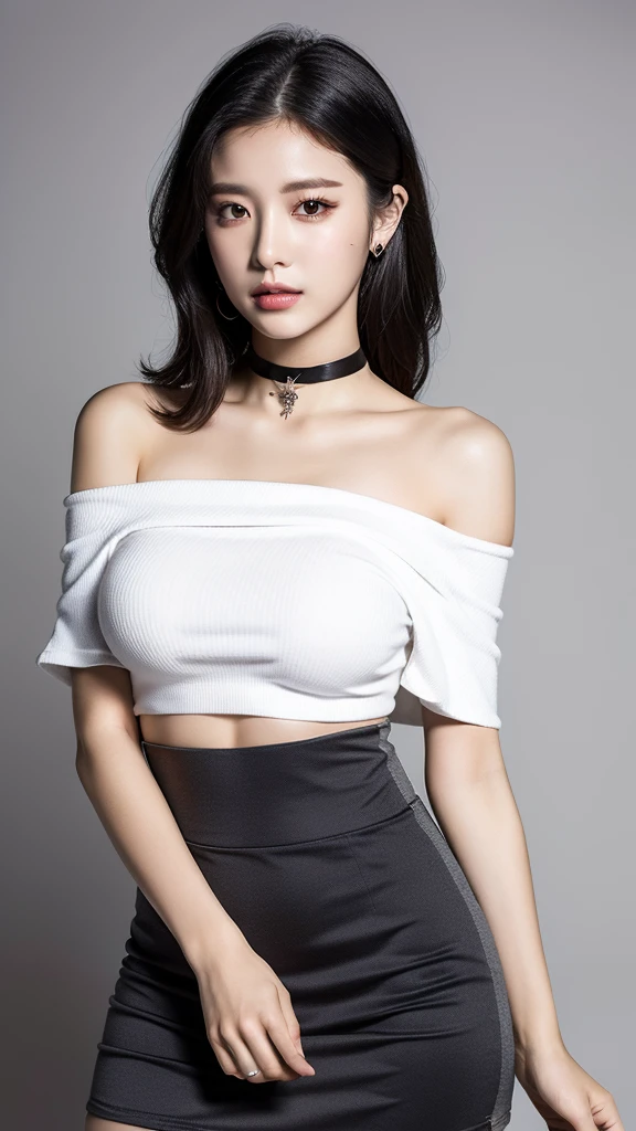 （lifelike,high resolution：1.3）， A slim girl， The face shape and eyes are super delicate,black hair,red glossy lips,(beautiful face), (best quality), (Super detailed), (Extremely detailed CG unified 8k wallpaper),((tight jumper)),(White background),(cleavage),(Model photo),sexy look,big eyes,(standing),(air bangs),(Slim waistline)，Eyes look at the audience,Teardrop-shaped breasts,soft breasts,very realistic breasts,The character is centered,black hair