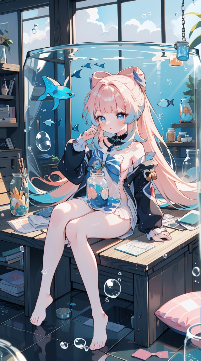 ((((((In the tank))))))、A girl, ((Full Body Love)), Wendi (Genshin Impact), Gradient hair, ((((In a jar))))、cute、最small, small, piece, Long sleeve, sit, barefoot, indoors, Naked, desk, knee, paperwork, (fish, bubble, Underwater, bubble),