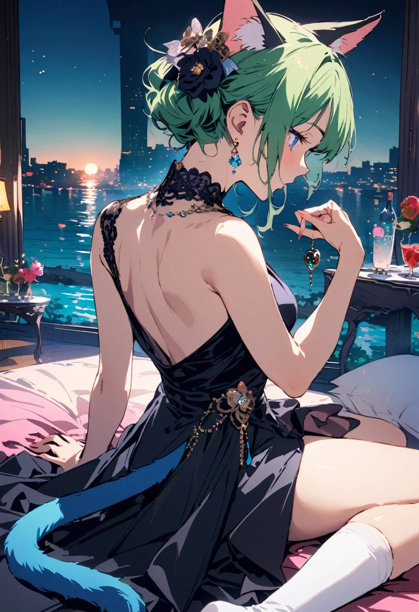 ((Back view:1.1)),masterpiece, Highest quality, Illustration of the novel, High resolution, 18+ Adult content, Sensual, Intimate, Emotional, Passionate, romantic, sweet, Adorable, Innocent, Pure, Charmな, Charmな, Charm, mysterious, Charmな, Charmな, Immersive, Charmな, dream-like, Surreal, Imaginative, Whimsical, Artistic, Avant-garde, timeless, elegant, Sophisticated, chic, Sophisticated, personality, original, Charmな,One Girl,Deltamon_beta, alone, blue eyes, Knee socks, Animal ears, Expose your shoulders, Blue Tail, Earrings,Removable sleeves, Green Hair, Sleeveless, Cat ear, bag, white Knee socks, Cat'tail,pink backpack,Pink school bag,Lavender lace: Lavender Peter Pan collar lace dress, Paired with ivory tights and Mary Jane shoes.,Cherry-blossom viewing, azalea, satsuki, azalea blizzard,
rest ((Evening Dress,evening dress,Evening Dresses:1.3))