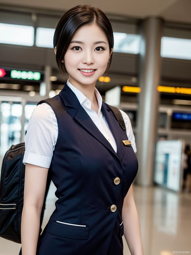 a gorgeous lady, age 21, Flight Attendant uniform, Shenzhen Airlines Stewardess,natural pose in airport, dimpled smile, short ponytail hair, short bob hair, cute snaggleteeth, well-endowed round bosom, photorealistic, beautiful detailed eyes, hyper-realism, high contrast, ultra HD, realistic skin textures, top image quality, top-quality, super high resolution, fine details, very meticulously, head to waist, ass focus, bokeh background