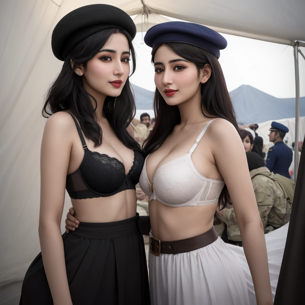 Afghan sexy, 2 girl, (28 years old), in the military tent, shapely, bra, beret, pleased expression, (from front view), (masterpiece, best quality, highly detailed, hyper realistic)