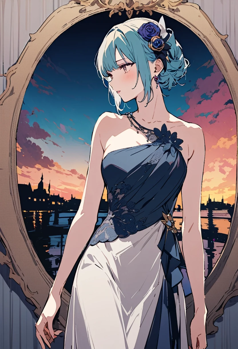 masterpiece, Highest quality, Illustration of the novel, High resolution, 18+ Adult content, Sensual, Intimate, Emotional, Passionate, romantic, sweet, Adorable, Innocent, Pure, charmな, charmな, charm, mysterious, charmな, charmな, Immersive, charmな, dream-like, Surreal, Imaginative, Whimsical, Artistic, Avant-garde, timeless, elegant, Sophisticated, chic, Sophisticated, Personality, original, charmな,((Evening Dress,evening dress,Evening Dresses:1.3))、Upper Body、(a bit)