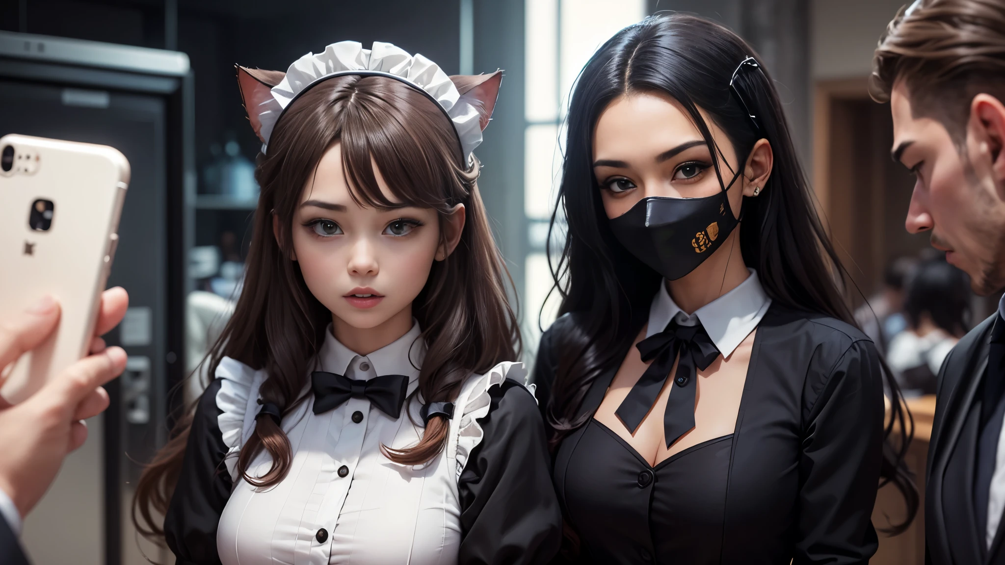 There is a woman in a suit, who is holding a cell phone, cosplay, maid outfit, gasped, cosplay of a catboy! maid! dress, change, maid, Robot in a human mask, high quality suit, gorgeous maid, maid costume, 2263539546], maid dress, gasped face, plague mask