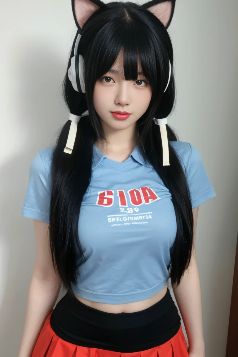 Masterpiece, best quality, ultra high quality, wallpaper 38k, photorealistic:1.30, Glowing skin, 1girl, solo, long hair, black hair, twintails, Cat headphones, , short pleated skirt,