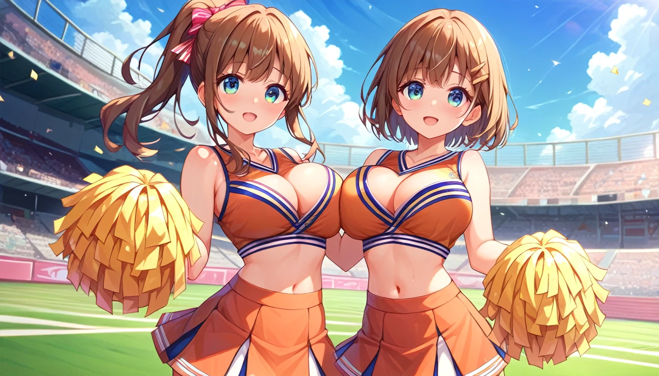 ((multiple girls:1.3)), ((moe style:1.3)), ((cheerleader:1.3)), ((formation:1.3)), ((large breasts:1.3)), ((centerfold:1.3)), ((extremely feminine:1.3)), perfect hands, ((perfect face)), ((extremely cute:1.3)), ((masterpiece)), ((8k)), ((best quality)), ((beautiful)), ((extremely detailed:1.3)) , ((absurdres)), AddXL, ((score_9:1.3)), ((score_8_up:1.3)), ((score_7_up:1.3)),