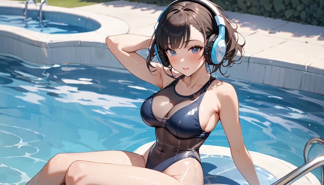 ((Top Quality)), ((Masterpiece)), ((Detail)), Perfect face, Perfact bodty, sitting on the swmming pool, listening to music, wearing headphones, wearing swimsuits, swimsuits are transparent, legs open Sitting wide open, wearing tight clothing (yes, buttocks and breasts are exposed). I see a face, one women