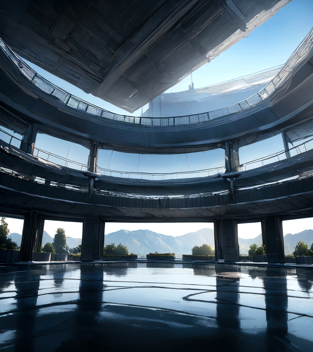 A home with a futuristic technological feel,3階建てのbuilding,Towards the mountains,Facing the lake,Huge pool,Modern architectural style, Ultra HD Photos,building,Complex,shadowing, High Dynamic Range,Dynamic Lighting, Photorealista, Natural soft light, 低H, masterpiece, Detail 8k,There are lots of little details,Large floor-to-ceiling glass,Fusion of technology and the natural environment,It looks super cool,