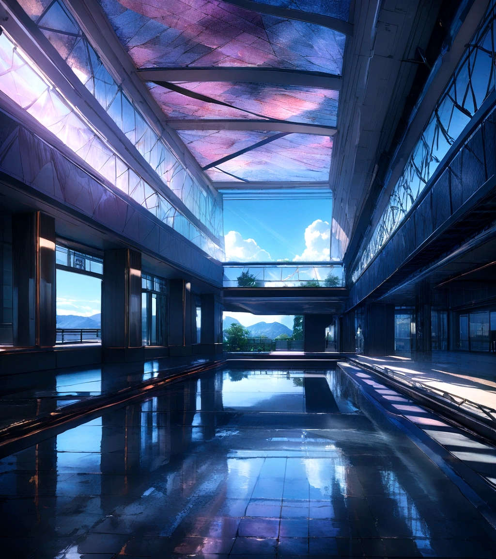 A home with a futuristic technological feel,3階建てのbuilding,Towards the mountains,Facing the lake,Huge pool,Modern architectural style, Ultra HD Photos,building,Complex,shadowing, High Dynamic Range,Dynamic Lighting, Photorealista, Natural soft light, 低H, masterpiece, Detail 8k,There are lots of little details,Large floor-to-ceiling glass,Fusion of technology and the natural environment,It looks super cool,