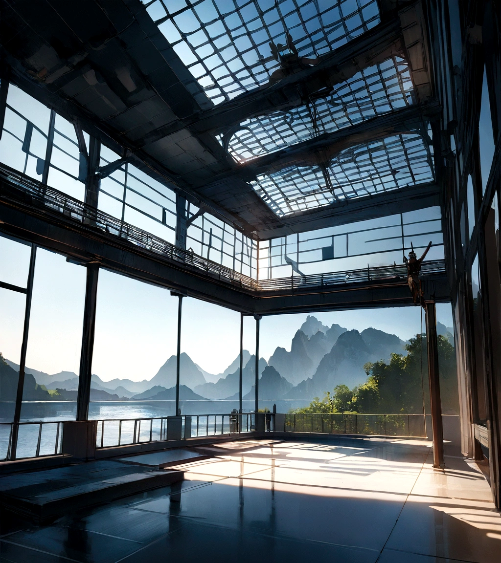 A home with a futuristic technological feel,3階建てのbuilding,Towards the mountains,Facing the lake,Huge pool,Modern architectural style, Ultra HD Photos,building,Complex,shadowing, High Dynamic Range,Dynamic Lighting, Photorealista, Natural soft light, 低H, masterpiece, Detail 8k,There are lots of little details,Large floor-to-ceiling glass,Fusion of technology and the natural environment,It looks super cool,