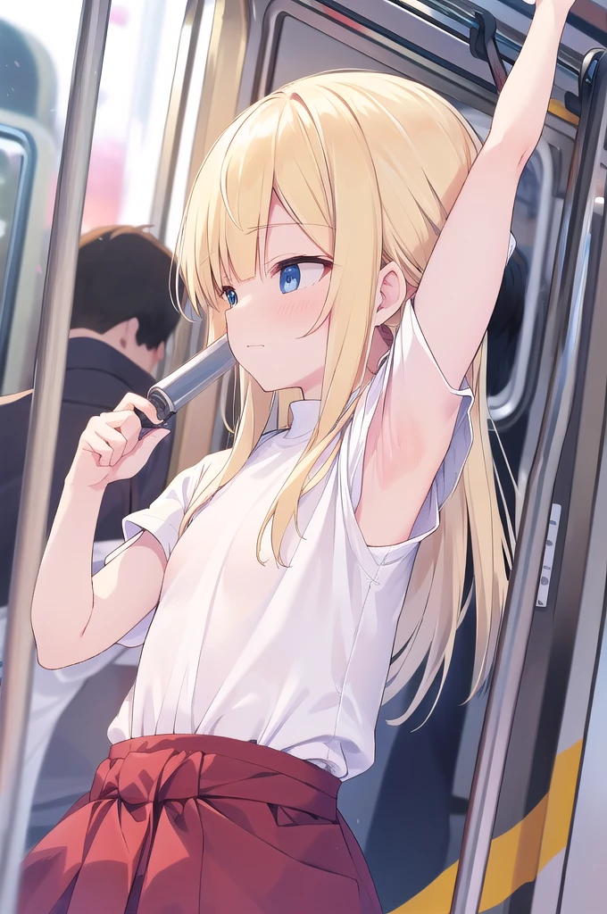 ,holding on to the railing of the train,armpits, presenting armpit,(looking away:1.4), (train interior:1.3),(crowded train:1.3),
upper body,(white shirts:1.5),((NSFW))　((hentai))Long Hair　Blonde　Toddler girl　5 years old