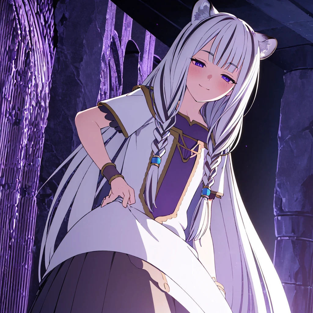 ((masterpiece)), (best quality), (ultra-detailed), photorealistic, (best illustration), ((an extremely delicate and beautiful)), 1girl, solo, long hair, tiger ears, [:tiger tail under:0.2], white hair, two-tone hair, full body, knight armor, crimson glowing details on armor, amulet on neck, Bracelets, crimson crystals in Bracelets, long lilac cape, open eyes, evil purple eyes, looking at viewer, malicious smile, blush, in space, goddess, low twin braids, loosen hair, quiet gesture, white armor, cybernetic armor, hyper detailed space ,best illumination, low mask, mouth covered with mask. 