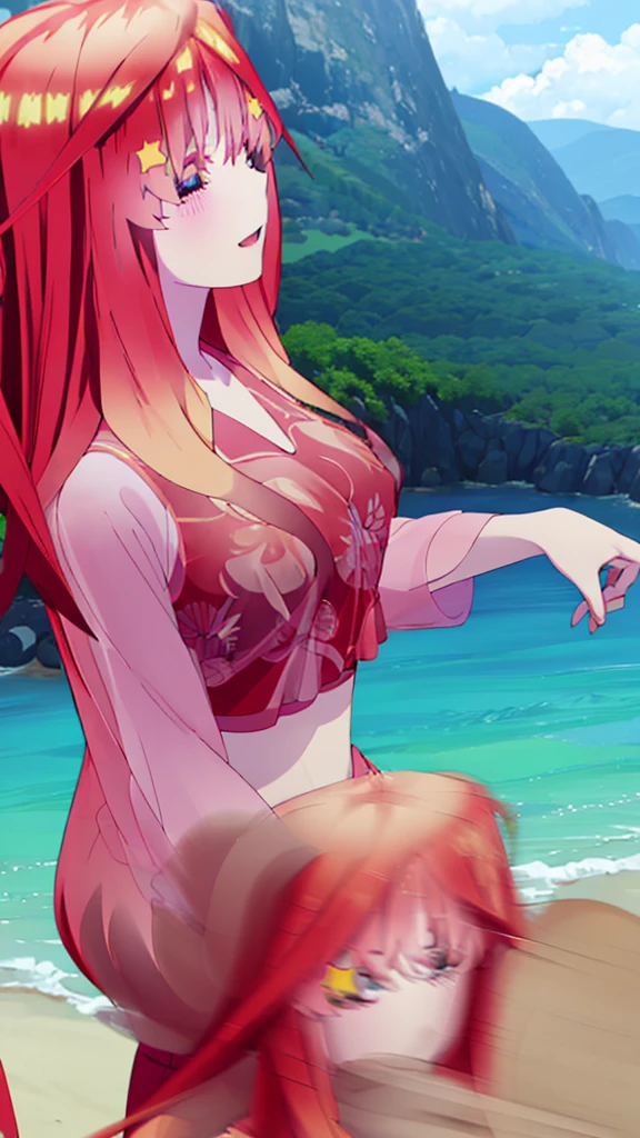 1woman, long curly pink hair, red headband, perfect eyes, blue eyes, glasses, relaxed face, yellow necklace, hippie clothing, white blouse with strawberry print, long blue skirt, red sandals, strawberry glass juice on the hand, big breasts, big ass, beach background