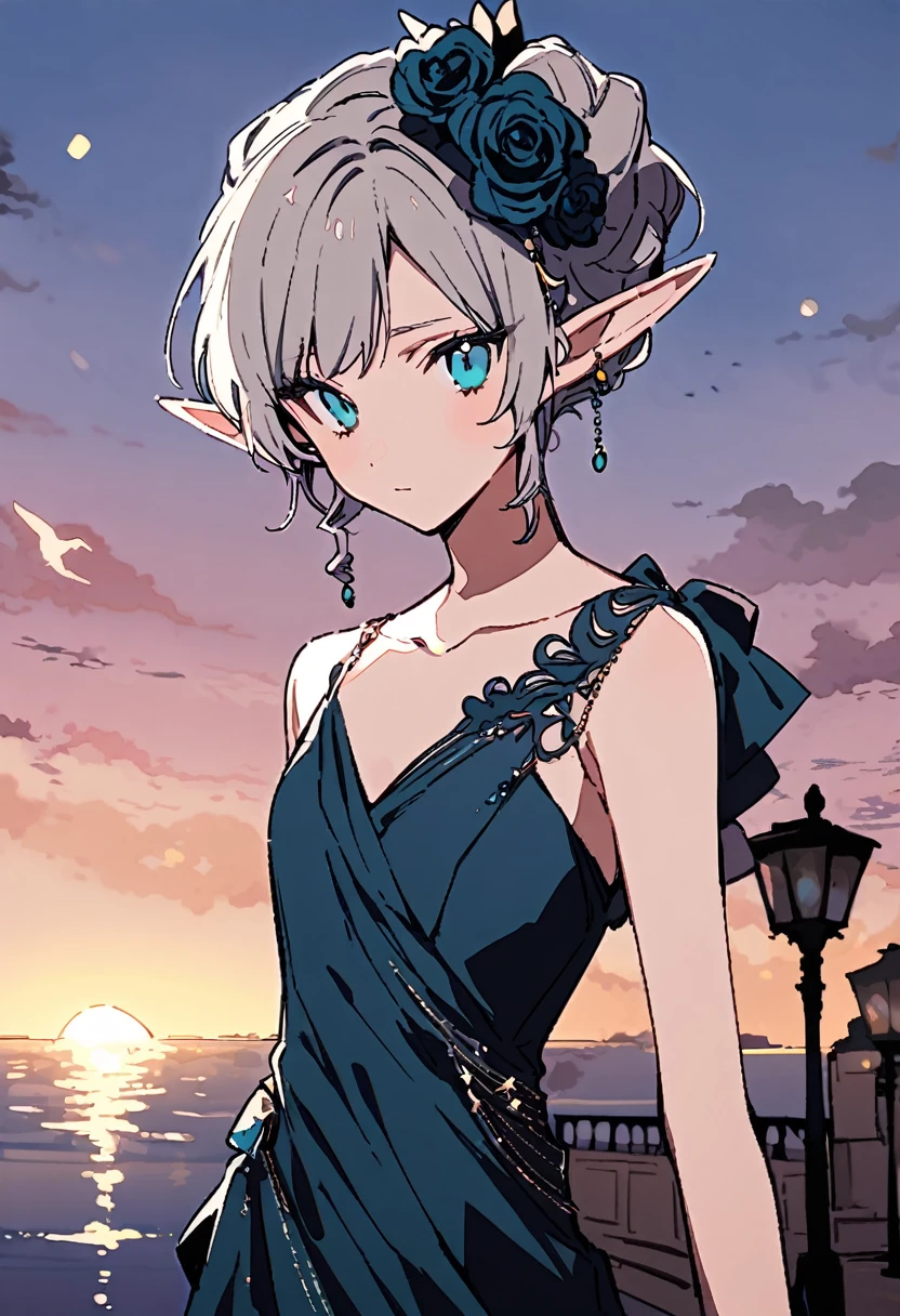 masterpiece, Highest quality, Illustration of the novel, High resolution, 18+ Adult content, Sensual, Intimate, Emotional, Passionate, romantic, sweet, Adorable, Innocent, Pure, Charmな, Charmな, Charm, mysterious, Charmな, Charmな, Immersive, Charmな, dream-like, Surreal, Imaginative, Whimsical, Artistic, Avant-garde, timeless, elegant, Sophisticated, chic, Sophisticated, personality, original, Charmな,((Loli Elf:1.3)),((Evening Dress,evening dress,Evening Dresses:1.3))、Upper Body、(Little)