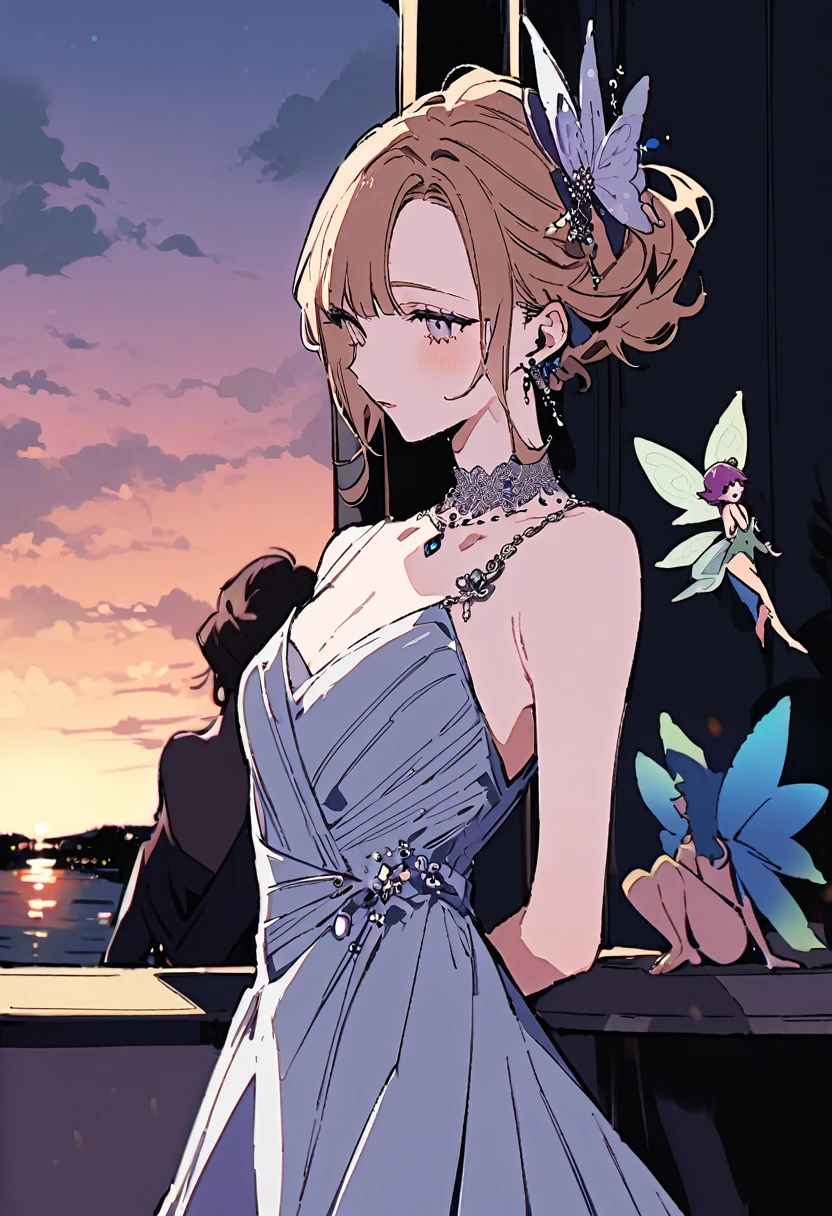 masterpiece, Highest quality, Illustration of the novel, High resolution, 18+ Adult content, Sensual, Intimate, Emotional, Passionate, romantic, sweet, Adorable, Innocent, Pure, Charmな, Charmな, Charm, mysterious, Charmな, Charmな, Immersive, Charmな, dream-like, Surreal, Imaginative, Whimsical, Artistic, Avant-garde, timeless, elegant, Sophisticated, chic, Sophisticated, personality, original, Charmな,((  Fairy:1.3)),((Evening Dress,evening dress,Evening Dresses:1.3))、Upper Body、(Little)