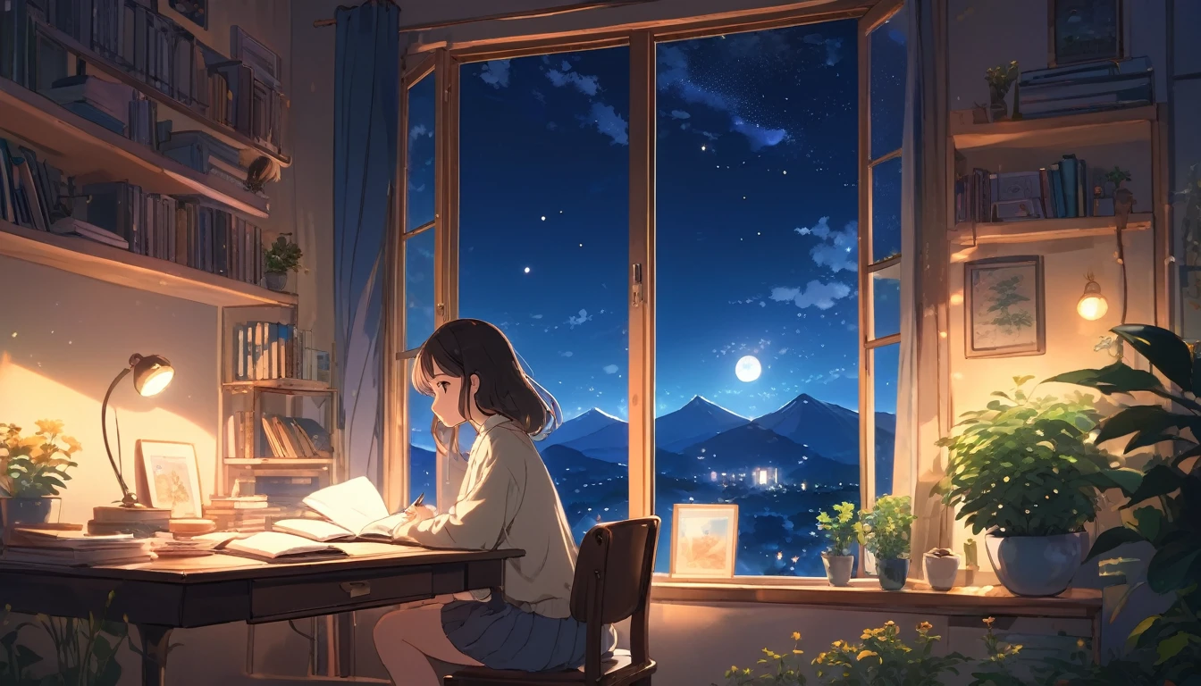 Ghibli style, A girl studying alone at a desk,Beauty, Night view from the room, A dreamy look outside the window, Cute girl in anime style, Relax in your room, A room filled with warm light