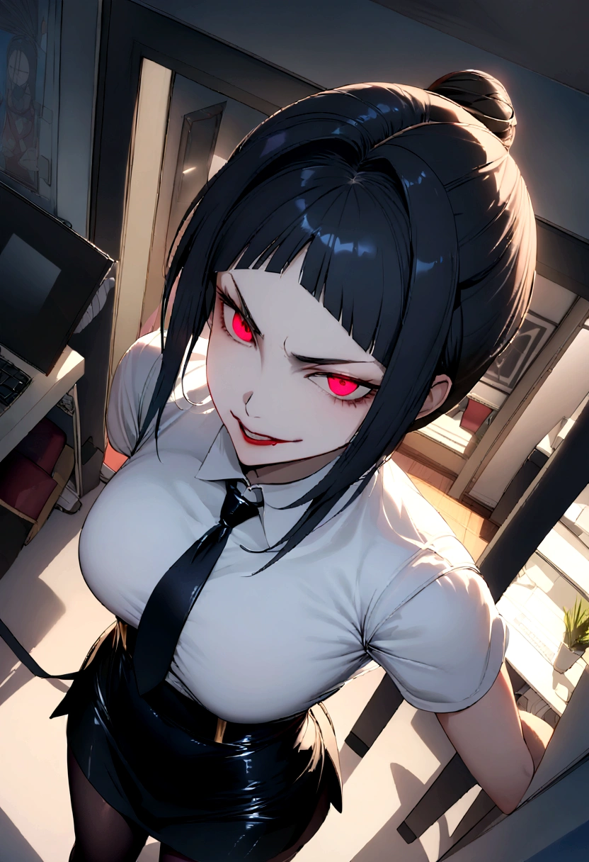 juri han, work of art, tight white secretary shirt with black tie, black high waist skirt, short skirt,stocking, black hair, black tights,evil smile,office,franja nos olhos,lighting,chifre de cabelos,view from above,olhando para cima