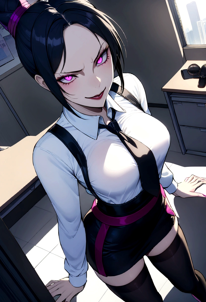 juri han, work of art, tight white secretary shirt with black tie, black high waist skirt, short skirt,stocking, black hair, black tights,evil smile,office,franja nos olhos,lighting,chifre de cabelos,view from above,olhando para cima