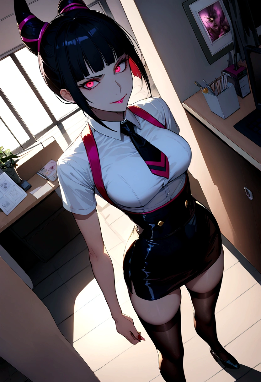 juri han, looking back,hands in pocket,work of art, tight white secretary shirt with black tie, black high waist skirt, short skirt,stocking, black hair, black tightscary sun,office,bangs on the eyes,lighting,horn of hair,view from above,evil smile,beautiful ass detailed