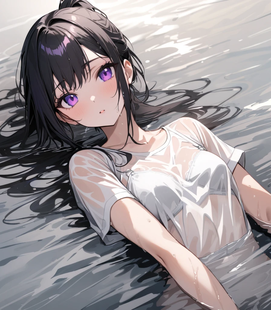 (masterpiece)、(absurdres)、(ultra detailed)、solo lady、shiny black hair、shiny purple eyes、short highponytail
、1white ribbon:1.1、small breast:0.8、(White T-shirt:1.1)、Submerged in grey water、lying,Wet and see-through underwear、Wet white bra:0.7,potrait shot,