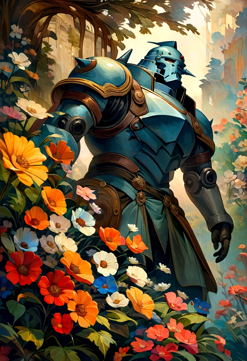 Alphonse Mucha-esque design, ladybird flying over colourful flowers, close, scene not good, clear and distinct, 4K, oil painting texture, artistic flair, painting flair, classical oil painting,