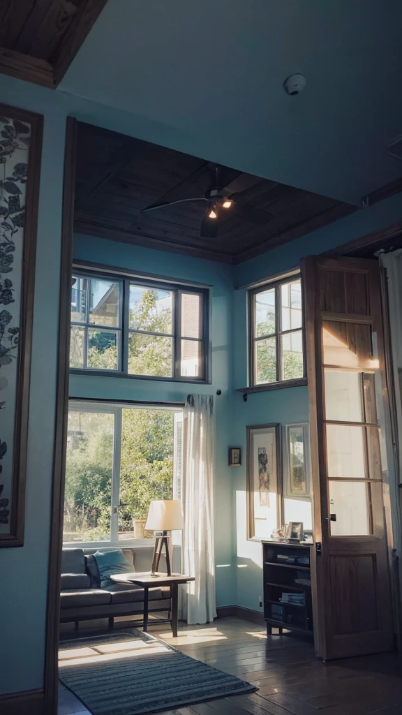 there is a fan in the corner of a room with a ceiling fan, one ceiling fan, simple ceiling, open ceiling, Looking from the inside, Inside the house in the village, ceiling, inside view, looking at the ceiling, window in the middle, inside view, high ceiling, wooden ceiling, white ceiling, low ceiling, tall ceiling, ceilings, hanging over the door