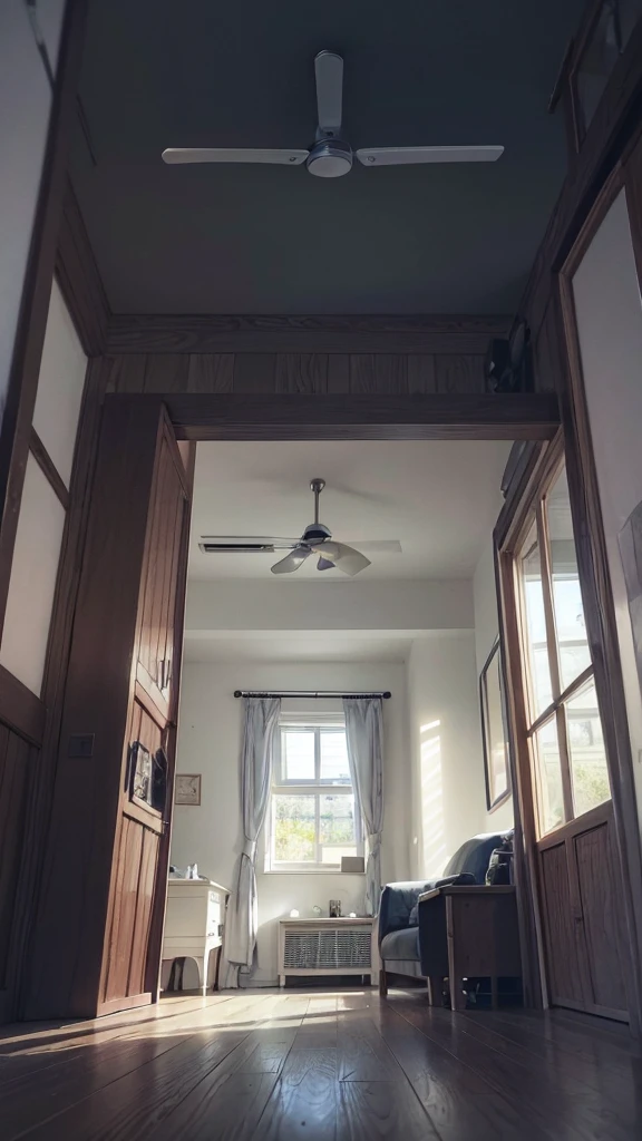 there is a fan in the corner of a room with a ceiling fan, one ceiling fan, simple ceiling, open ceiling, Looking from the inside, Inside the house in the village, ceiling, inside view, looking at the ceiling, window in the middle, inside view, high ceiling, wooden ceiling, white ceiling, low ceiling, tall ceiling, ceilings, hanging over the door