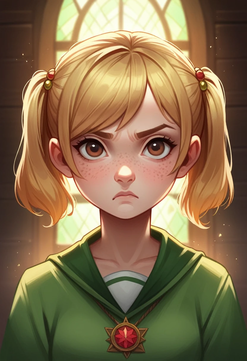 Best quality, masterpiece, Hogwarts student, Hufflepuff, short hair, high twin tails. Short golden blonde twintail hair, serious, very mischievous, cute and bright, with freckles on her face along with her cute puppy in detail. brown eyes A delicate face, beautiful skin, the background is in the Hogwarts greenhouse, soft, mysterious light, soft shadows. Detailed textures, dynamic lighting