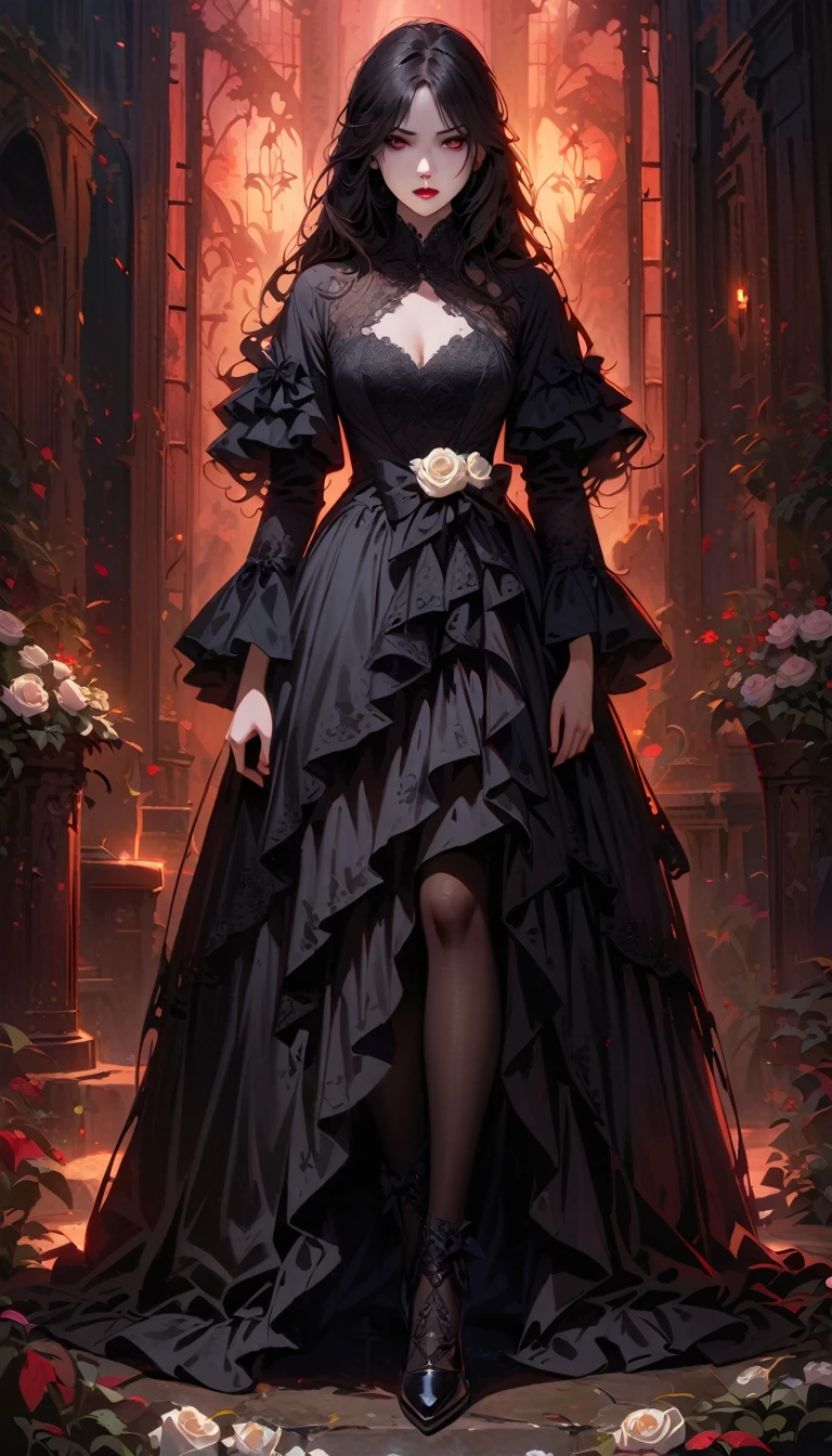 a gothic lolita girl,pale skin,red lips,porcelain doll-like face,intricate black lace Evening Dress,(whole body),Exquisite shoes,Thick stockings,ruffles,White Rose,bows,high collar,long black hair,haunting gaze,dark fairy tale,dramatic lighting,moody atmosphere,cinematic,highly detailed,masterpiece,photorealistic