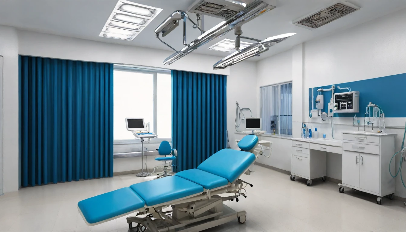background image,blue curtains,hospital,examination room,white walls,clean,chair,various medical instruments
