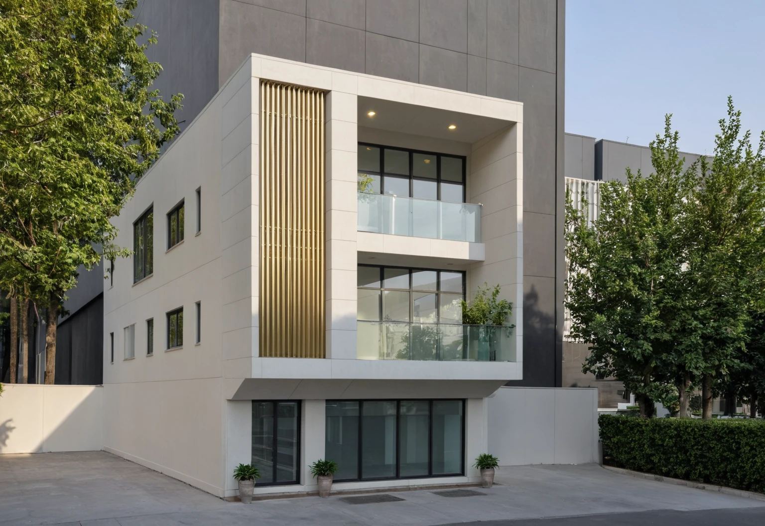 Raw photo,Masterpiece, high quality, best quality, authentic, super detail, modern style, aiaigroup,office building, decorative bars, decorative louvers, sun louvers, aluminum wall cladding, gold aluminum, glass railing,outdoors, tree, building, scenery, city, road, real world location, treet, window, balcony, glass railing, on the street, minimalist line, daylight, realistic