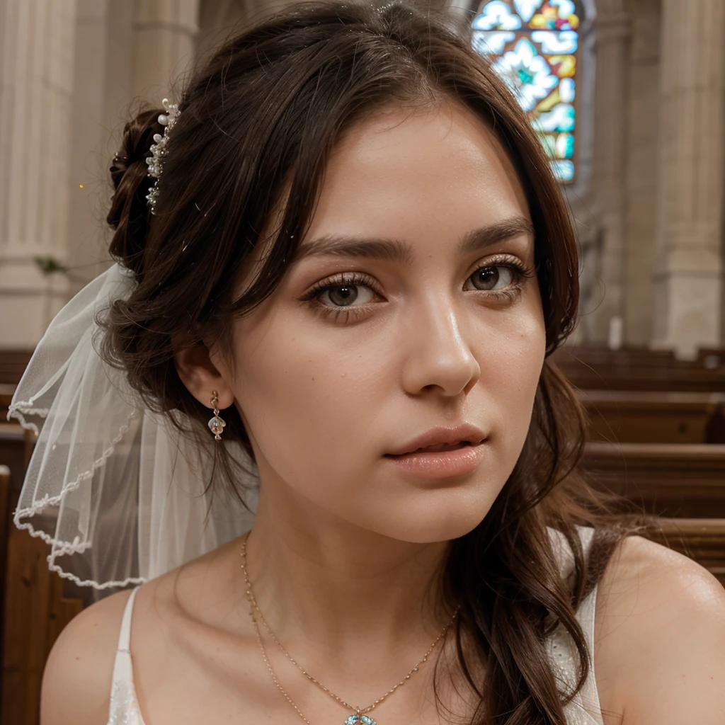 1girl in, 30 years old, Square face, Long hair, Looking at viewer, jewelry, Reality, Sexy, bridal page, church background, free pose