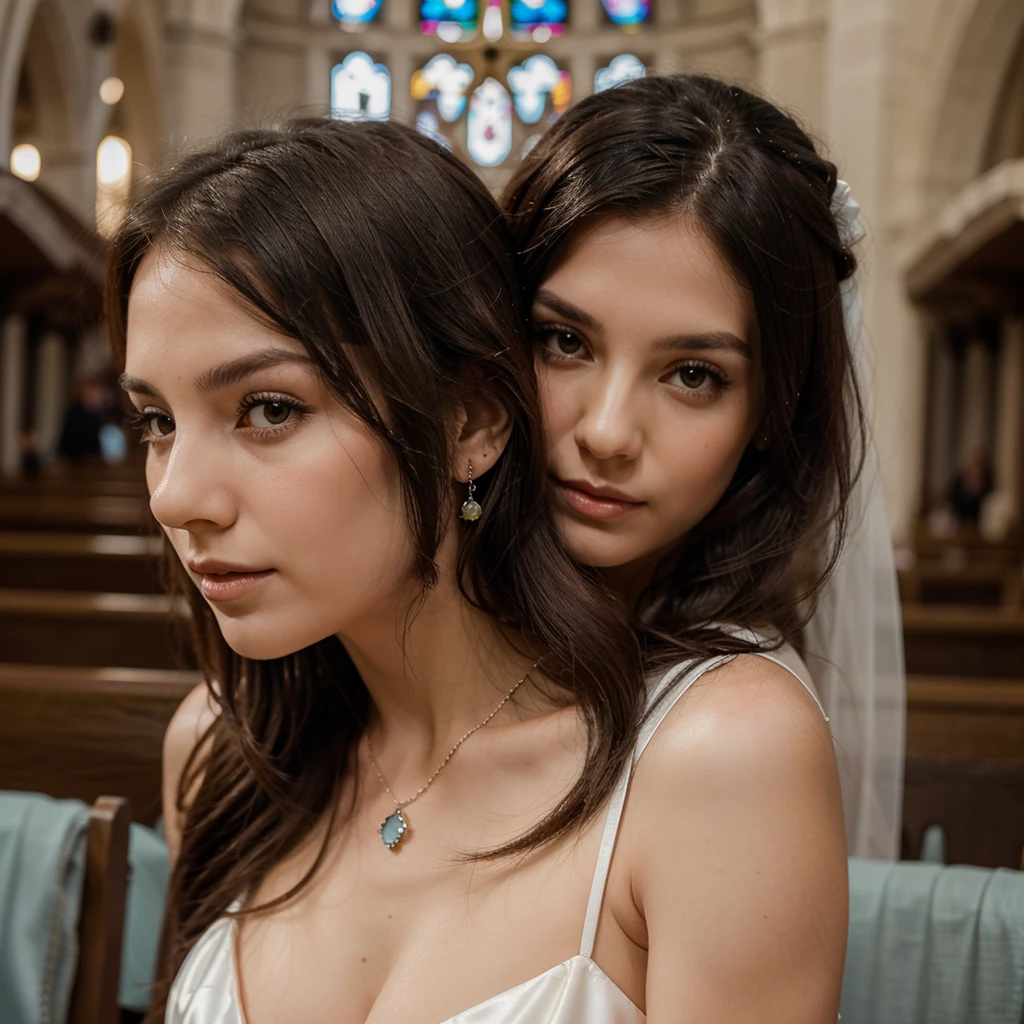 1girl in, 30 years old, Square face, Long hair, Looking at viewer, jewelry, Reality, Sexy, bridal page, church background, free pose