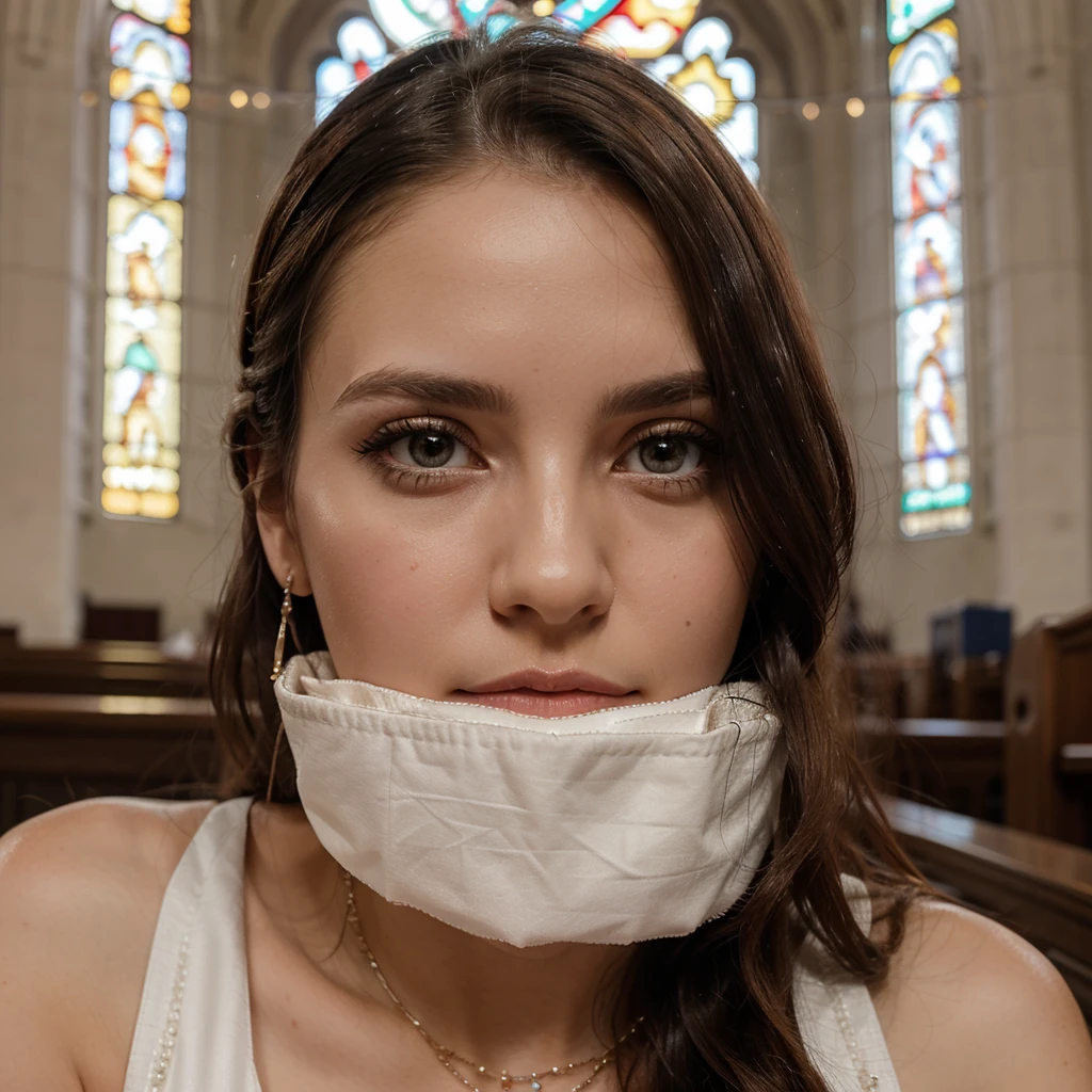 1girl in, 30 years old, Square face, Long hair, Looking at viewer, jewelry, Reality, Sexy, bridal page, church background, free pose