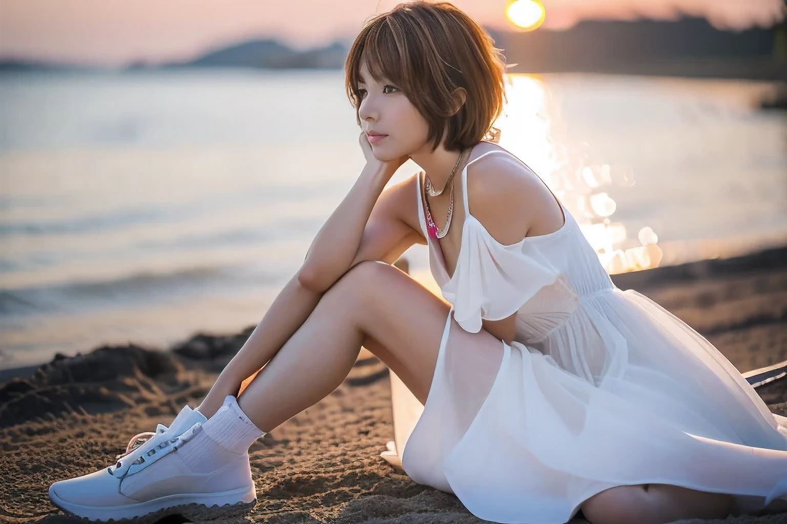 (Sitting on the beach hugging her knees:1.5)、(Not looking at the camera、Beautiful profile looking into the distance:1.5)、(Profile of a woman looking at the beautiful sunset over the sea、18-year-old female:1.5)、(The best quality at its best:1.4), (Super detailed), (Very detailed CG unified 16k), Beautiful woman with perfect figure: 1.4, Sharp focus: 1.2, Very detailed, High-quality RAW color photos, Professional photography, Great face and eyes, cosmetics, (Amazingly beautiful girl), ((Summer white dress:1.5)), Realistic movie faces, Full body long view from head to toe, Realistic, ((Realistic natural orange red hairstyle)), ( Short Bob Hair:1.5), (necklace:1.5)、, Very beautiful face, Perfect model beauty, Mouth swelling, Highly detailed face and skin texture, Fine grain, double eyelid, Medium chest, (masterpiece), Highest quality, High resolution, Very detailed, Blurred Background, Depth of written boundary, Cinema Lighting, Great legs, , Clear, well-maintained skin,((Full body shot from head to toe:1.5))