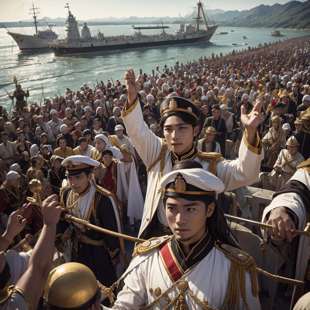 with my king The armies are returning to their country after winning the war in a big ship and the people of their country are welcoming them. sea river