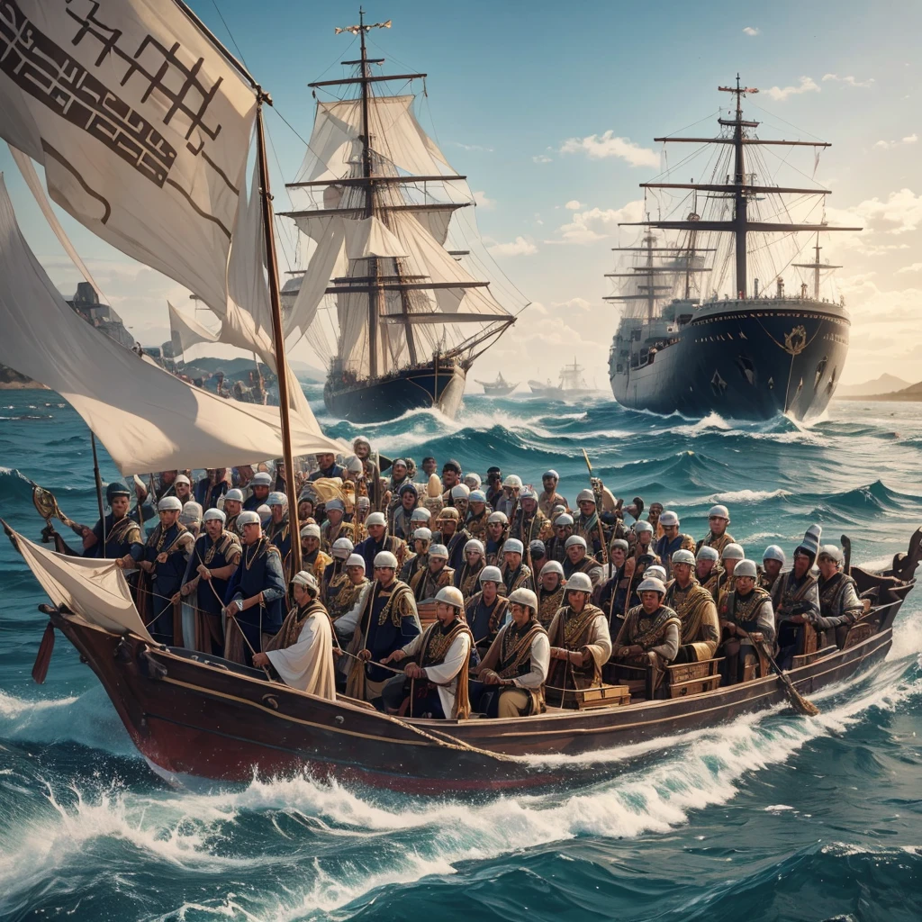 with my king The armies are returning to their country after winning the war in a big ship and the people of their country are welcoming them. sea ​​river 