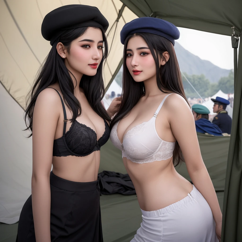 Afghan sexy, 2 girl, (18 years old), in the military tent, shapely, bra, beret, pleased expression, (from front view), (masterpiece, best quality, highly detailed, hyper realistic)