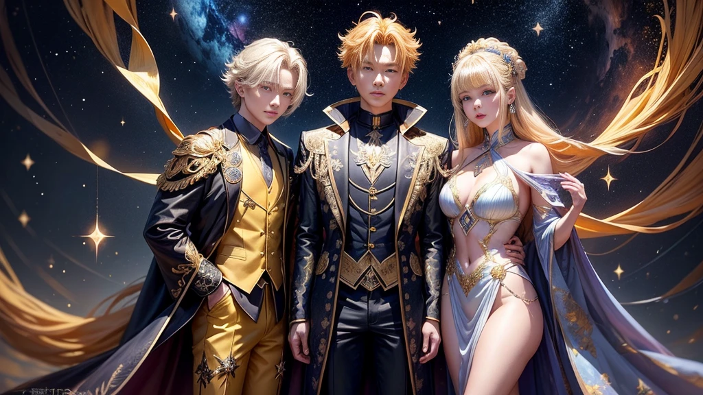 (masterpiece,Huang Li,high quality,Best quality,Ultra Detail, beauty),Magical golden scorpion: Magical golden scorpion
Yellow-haired people: A man with bright hair, Exudes a charming atmosphere.
Scorpio partner: stand next to people, Majestic scorpion covered in fascinating star patterns.
Mysterious starry sky background: Energetic, Colorful galaxy background, Shining with magical light.
