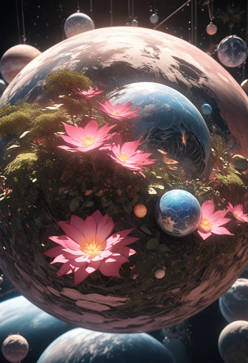 (((masterpiece))) (((best quality))) Glass ball, close-up of a planet with a bunch of trees on it, overgrown planet, green planet, Fractal World, Fantasy overgrown world, fantasy planet, Dyson Sphere, pink planet, 3D rendering beep, planetary landscape, round planet inspired by Jofra Bosschart, planet, future world, psychedelic flower planets, The ethereal world, (The light emitted)