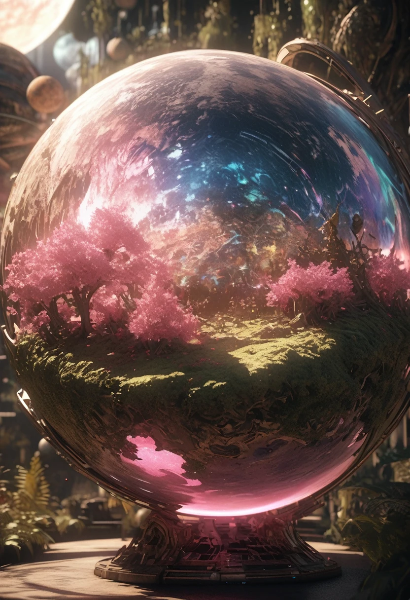 (((masterpiece))) (((best quality))) Glass ball, close-up of a planet with a bunch of trees on it, overgrown planet, green planet, Fractal World, Fantasy overgrown world, fantasy planet, Dyson Sphere, pink planet, 3D rendering beep, planetary landscape, round planet inspired by Jofra Bosschart, planet, future world, psychedelic flower planets, The ethereal world, (The light emitted)