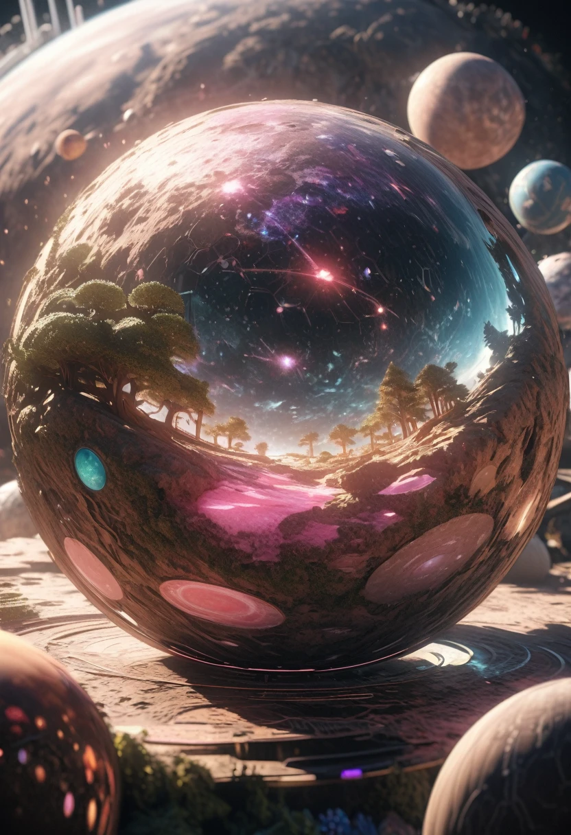 (((masterpiece))) (((best quality))) Glass ball, close-up of a planet with a bunch of trees on it, overgrown planet, green planet, Fractal World, Fantasy overgrown world, fantasy planet, Dyson Sphere, pink planet, 3D rendering beep, planetary landscape, round planet inspired by Jofra Bosschart, planet, future world, psychedelic flower planets, The ethereal world, (The light emitted)