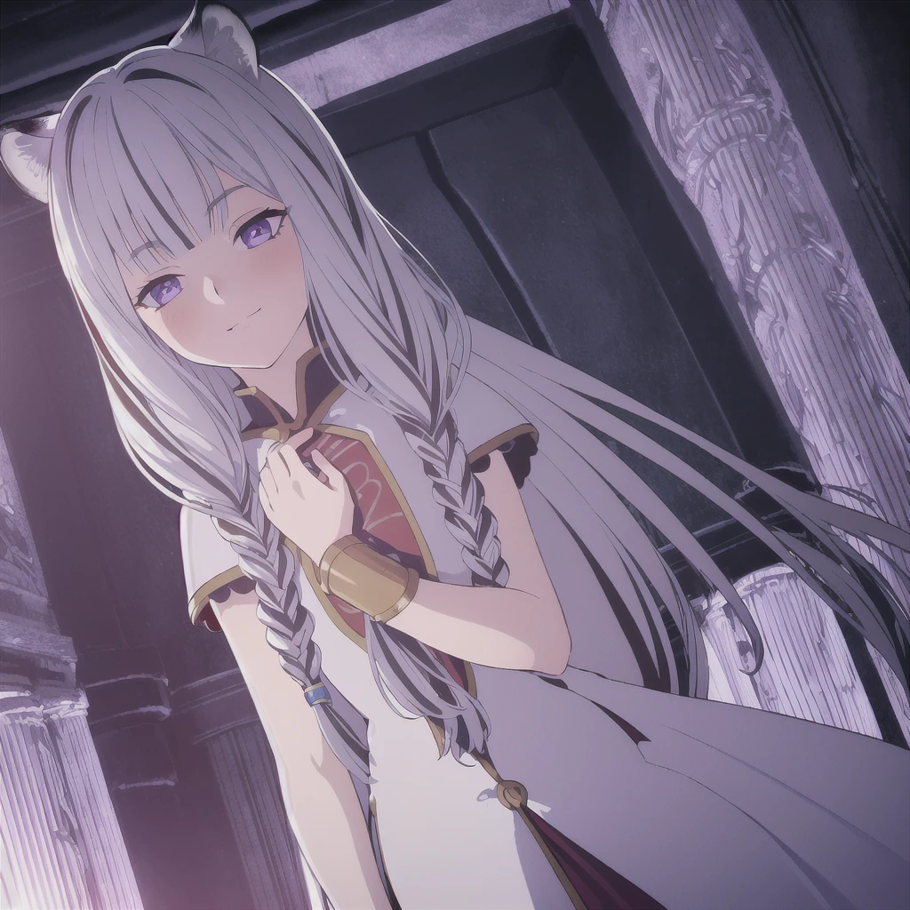 ((masterpiece)), (best quality), (ultra-detailed), photorealistic, (best illustration), ((an extremely delicate and beautiful)), 1girl, solo, long hair, tiger ears, [:tiger tail under:0.2], white hair, two-tone hair, full body, knight armor, crimson glowing details on armor, amulet on neck, Bracelets, crimson crystals in Bracelets, long lilac cape, open eyes, evil purple eyes, looking at viewer, malicious smile, blush, in space, goddess, low twin braids, loosen hair, quiet gesture, white armor, cybernetic armor, hyper detailed space ,best illumination, low mask, mouth covered with mask. 