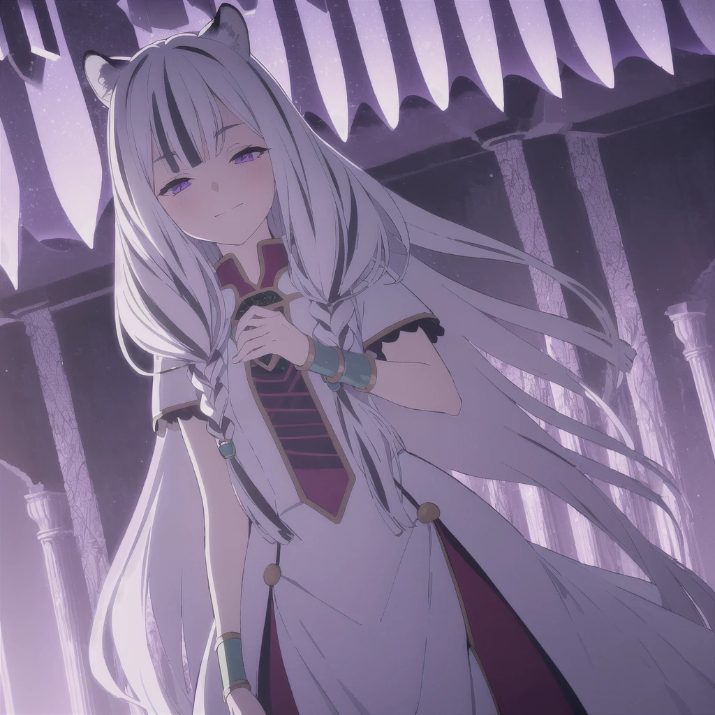 ((masterpiece)), (best quality), (ultra-detailed), photorealistic, (best illustration), ((an extremely delicate and beautiful)), 1girl, solo, long hair, tiger ears, [:tiger tail under:0.2], white hair, two-tone hair, full body, knight armor, crimson glowing details on armor, amulet on neck, Bracelets, crimson crystals in Bracelets, long lilac cape, open eyes, evil purple eyes, looking at viewer, malicious smile, blush, in space, goddess, low twin braids, loosen hair, quiet gesture, white armor, cybernetic armor, hyper detailed space ,best illumination, low mask, mouth covered with mask. 
